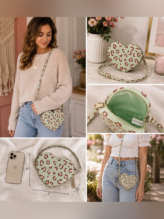 Handbags - Heart Shaped Leopard Print Crossbody Bag Mint Green Pink Animal Print Purse